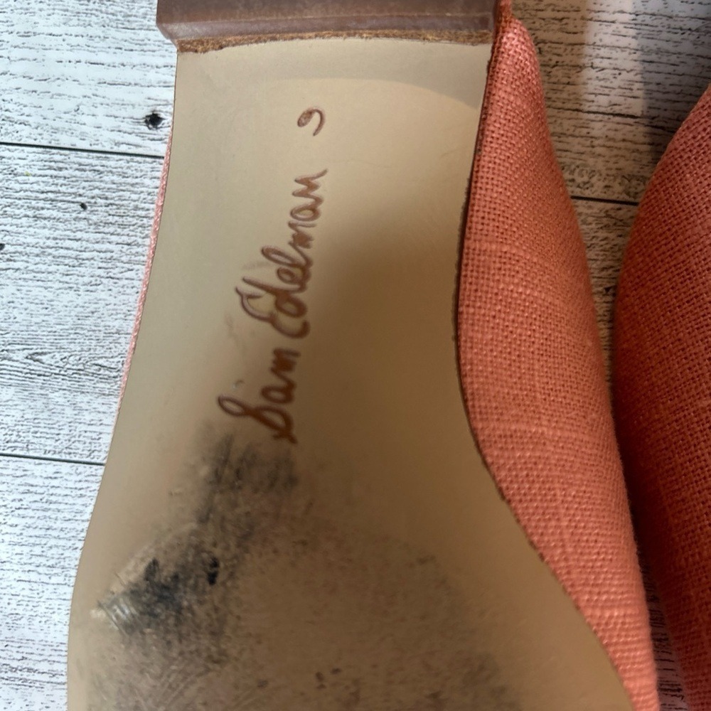 Sam Edelman Aris Mules Size 6 Coral Pink Raffia Tortoise Buckle Square Toe Flats - Picture 7 of 11